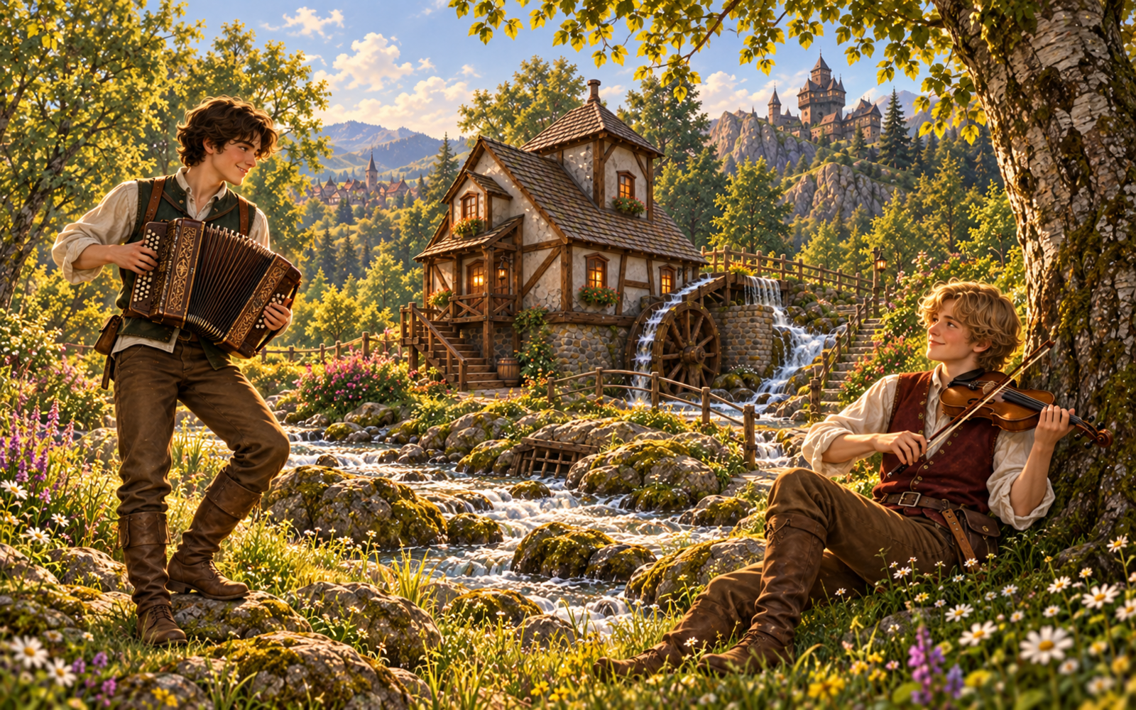 Felix spielt Akkordeon und Leo Geige am Bach vor der Wassermühle
