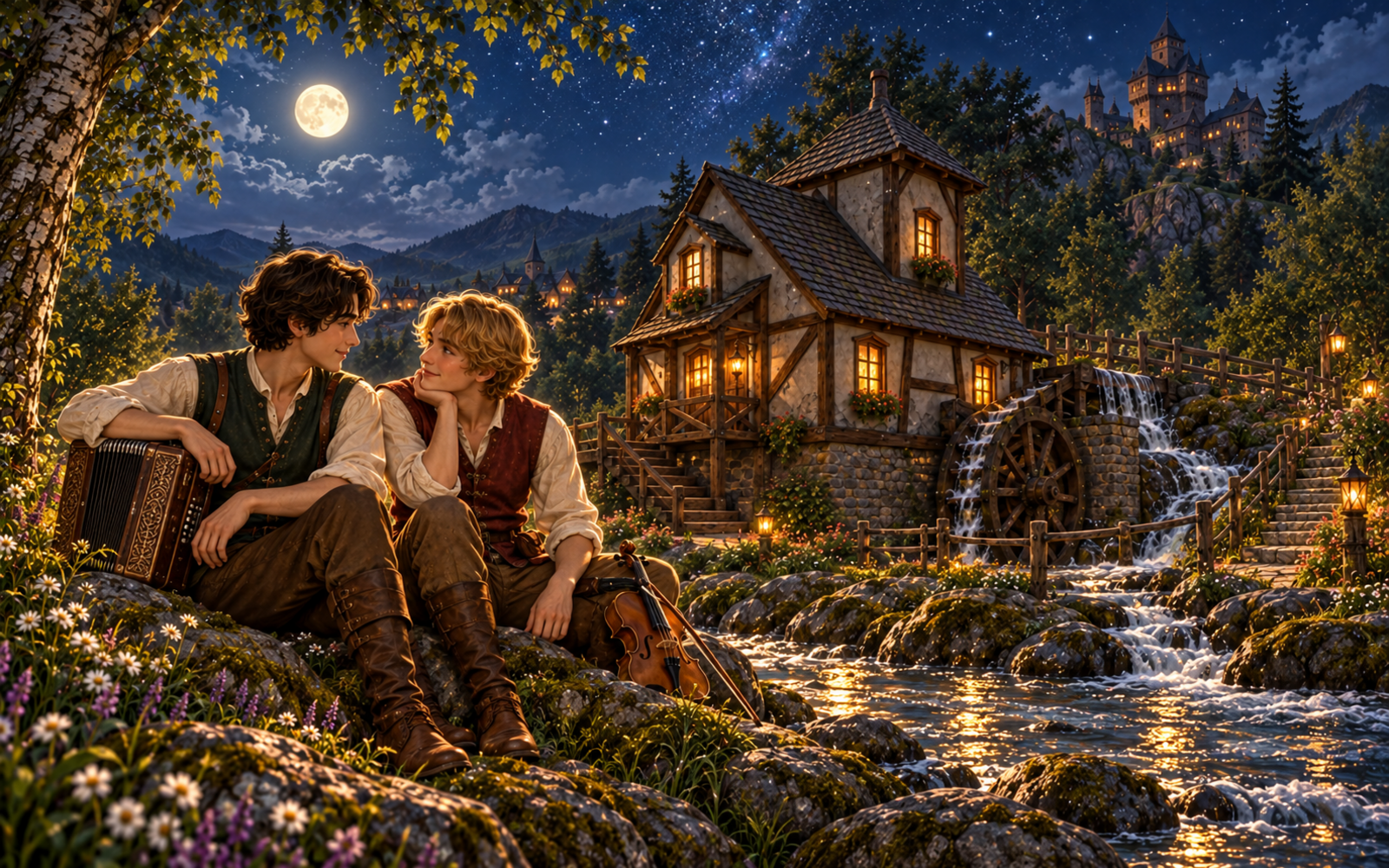 Felix und Leo sitzen nachts unter dem Sternenhimmel am Bach neben der erleuchteten Wassermühle