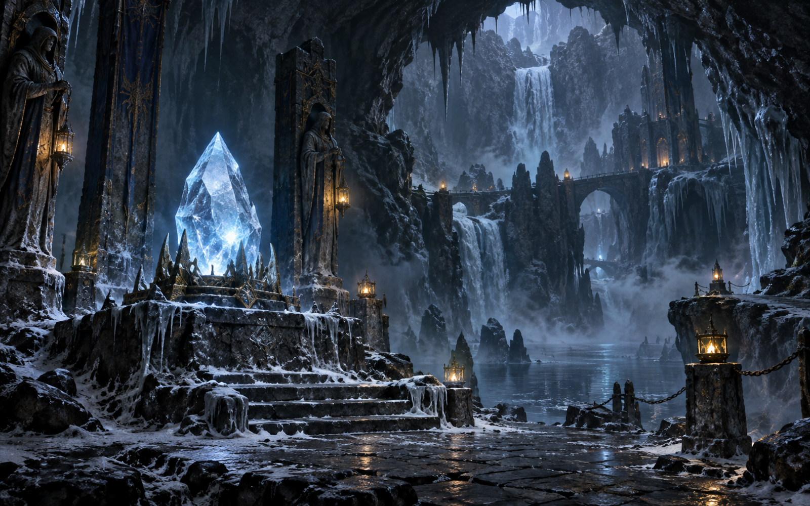 Ein blassblauer Eisstein leuchtet in einer stillen, gefrorenen Höhle mit unterirdischen Wasserfällen