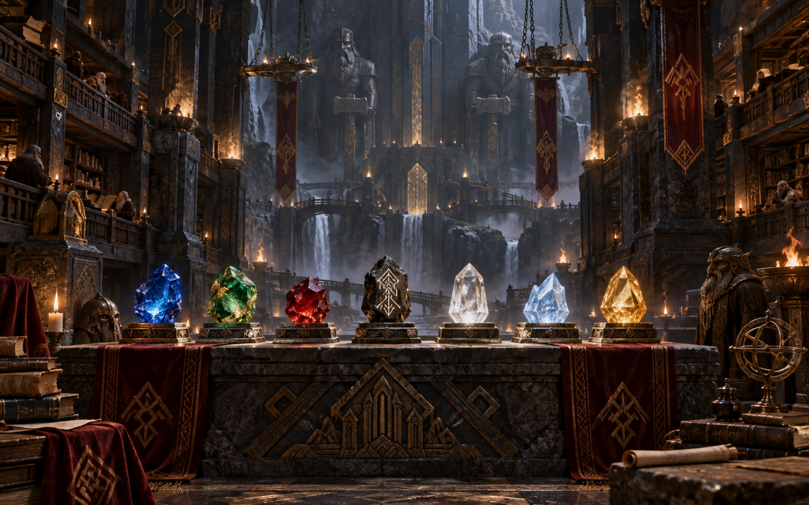 Sieben leuchtende Edelsteine auf einem zeremoniellen Altar in einer gewaltigen zwergischen Halle
