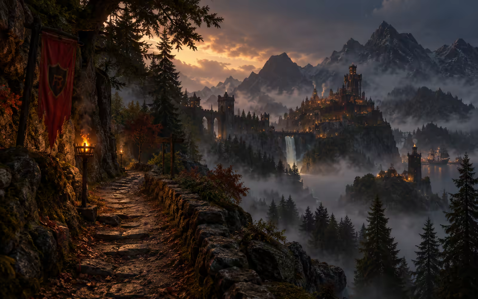 Nebeliger Weg durch Mkalvania, der zu unbekannten Orten des Reiches führt