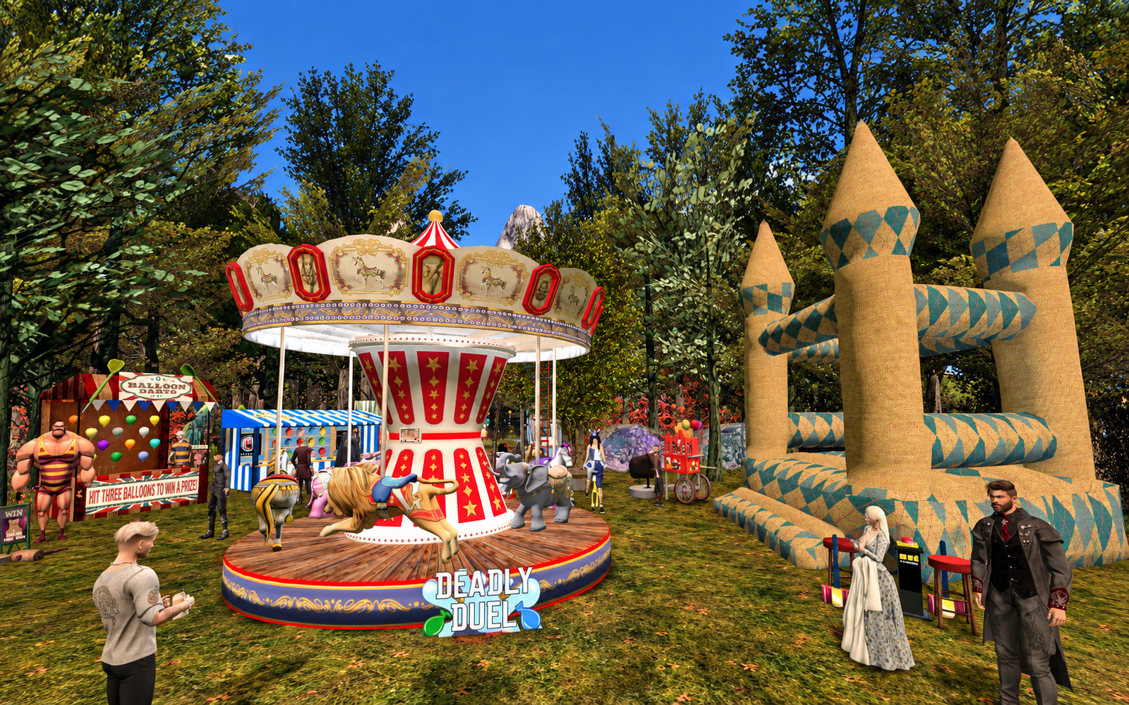 Bunter Gauklermarkt auf einer Waldlichtung mit Karussell, Hüpfburg und Spielbuden.