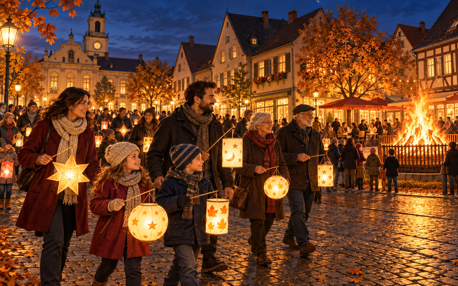 Jung und Alt ziehen mit leuchtenden Laternen durch eine abendliche Stadt zum Martinsfeuer.