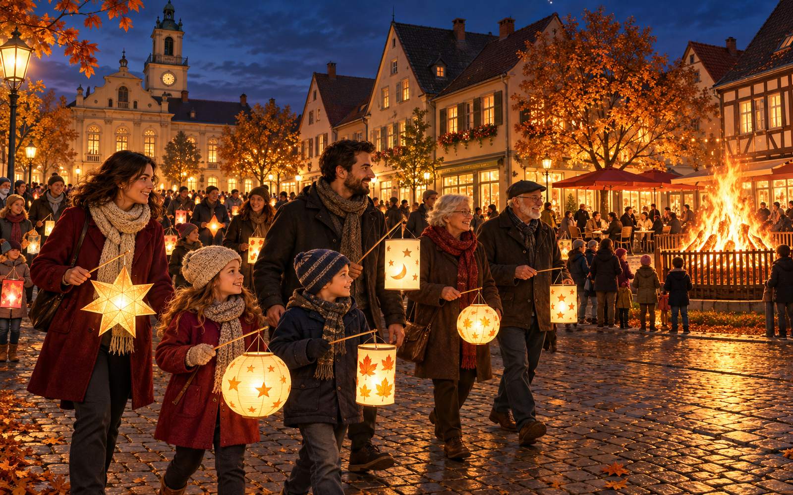 Jung und Alt ziehen mit leuchtenden Laternen durch eine abendliche Stadt zum Martinsfeuer.
