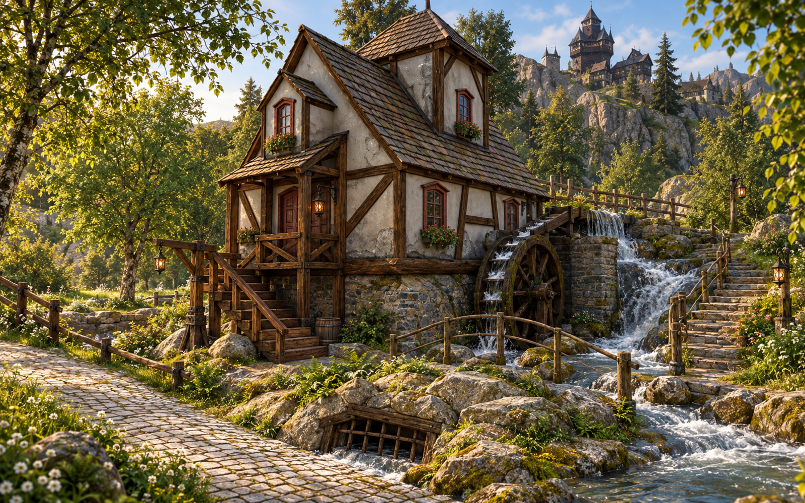 Die Wassermühle am Wolfsbach mit ihrem hölzernen Mühlrad und dem rauschenden Bachlauf