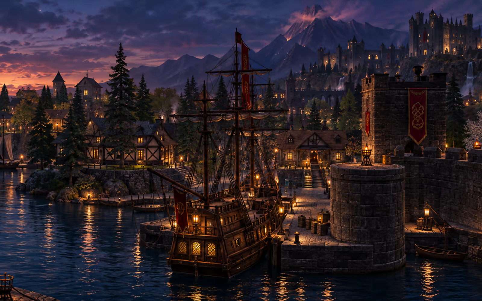 Hafen von Mkalvania mit Schiff und befestigter Uferstraße