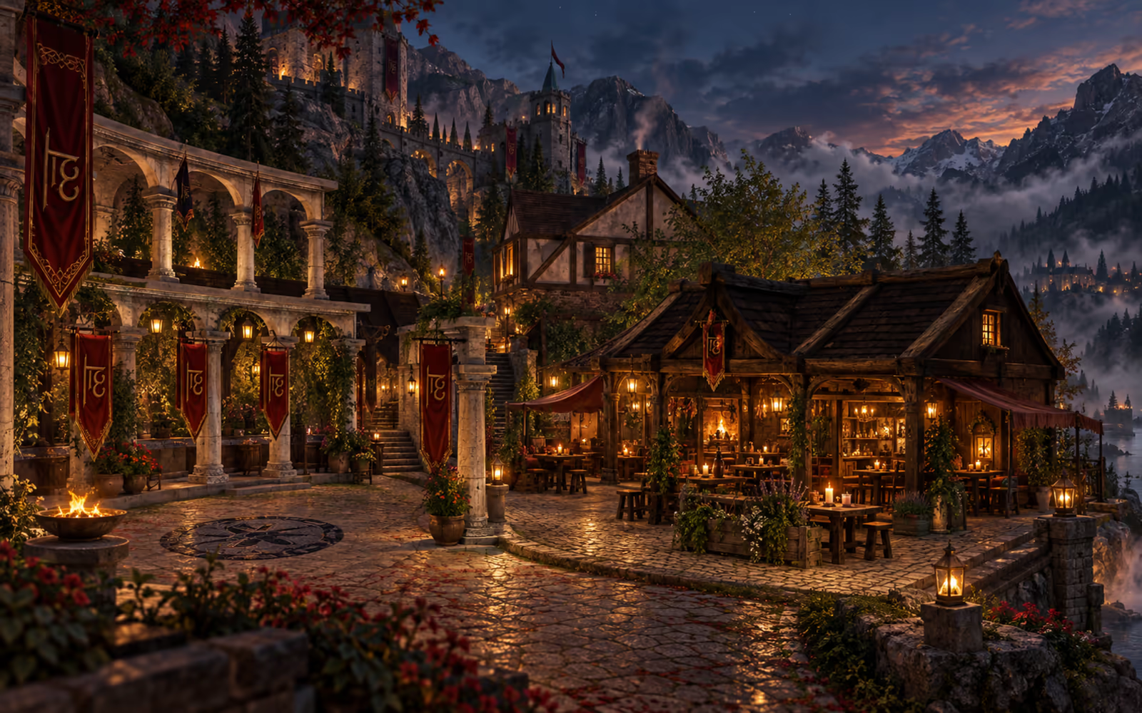 Beleuchtete Taverne in Mkalvania am Abend