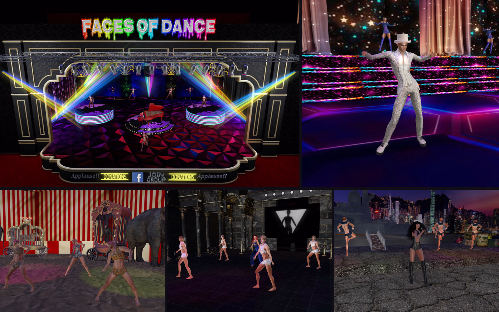 Collage aus der Tanzrevue mit Zirkusbühne, Hafen und einem Tänzer in silbernem Kostüm.